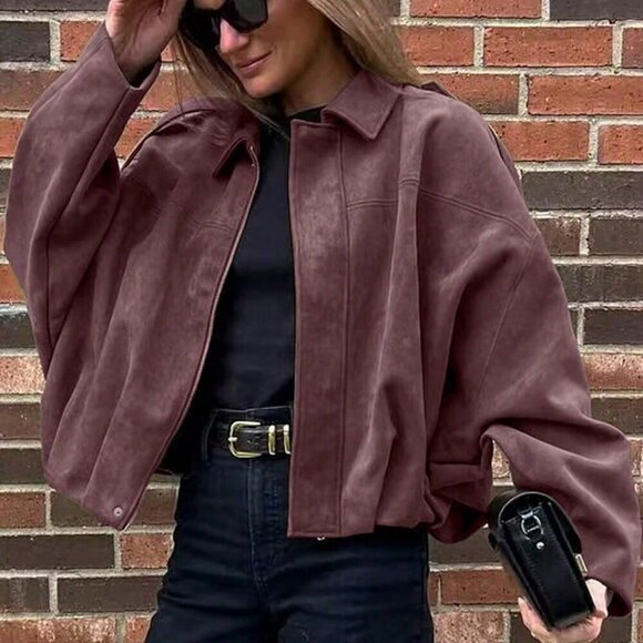 Burgundy Casual Women's Loose Long Sleeves Zip Bomber Coat Jacket Outerwear - Picture 4 of 6